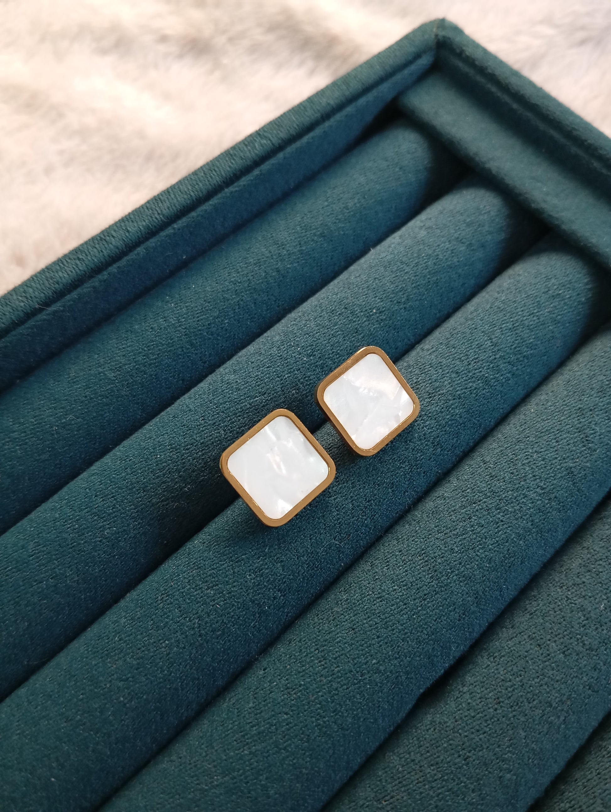 Square White Thin Stud Earrings crafted from premium stainless steel with a sleek white square design. Waterproof, tarnish-free stud earrings for women, perfect for daily wear, office wear, parties, gifting, and special occasions.