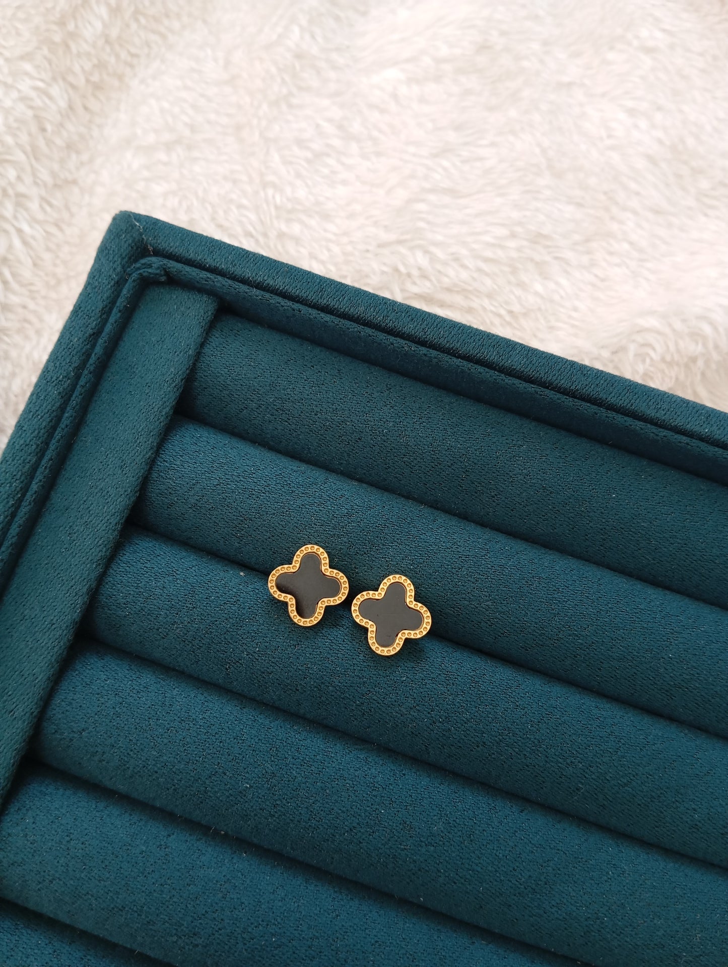 Stainless Steel Black Stone Clover Stud Earrings crafted with elegant black stone details and a classic clover design. Waterproof, tarnish-free stud earrings for women, perfect for daily wear, office wear, parties, weddings, gifting, and special occasions.