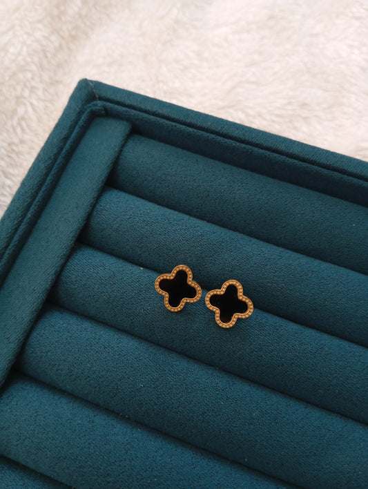 Stainless Steel Black Stone Clover Stud Earrings crafted with elegant black stone details and a classic clover design. Waterproof, tarnish-free stud earrings for women, perfect for daily wear, office wear, parties, weddings, gifting, and special occasions.