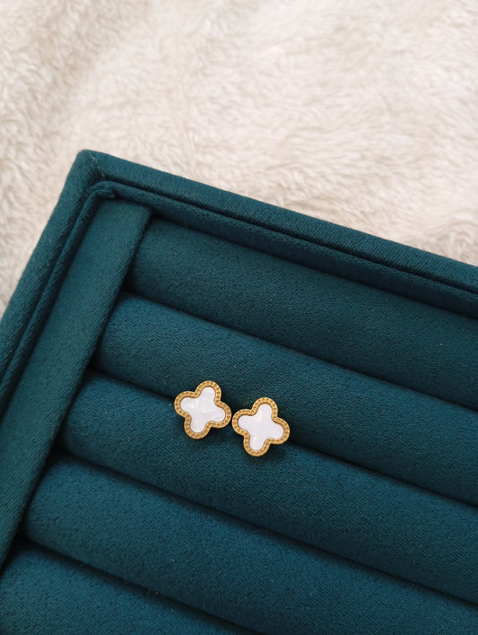 Stainless Steel White Stone Clover Stud Earrings crafted with sparkling white stone details and a classic clover design. Waterproof, tarnish-free stud earrings for women, perfect for daily wear, office wear, parties, weddings, gifting, and special occasions.