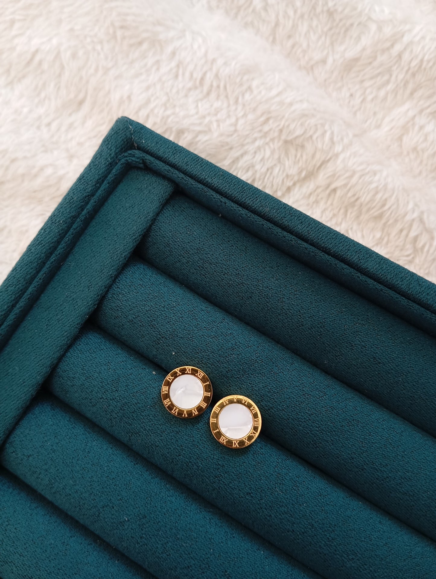 White Stone Roman Stud Earrings crafted from premium stainless steel with sparkling white stone details and a Roman-inspired design. Waterproof, tarnish-free stud earrings for women, perfect for daily wear, office wear, parties, weddings, gifting, and special occasions.