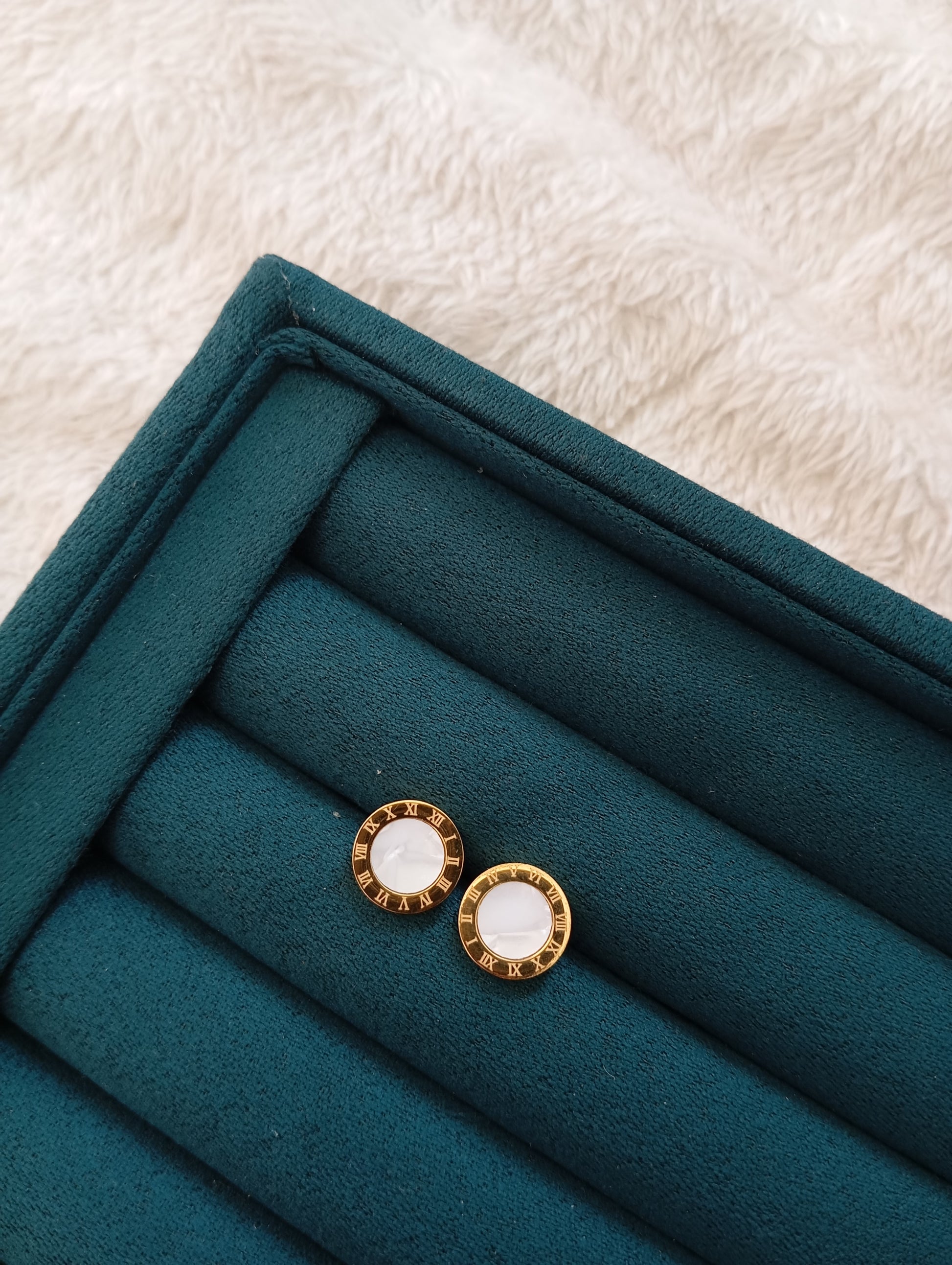 White Stone Roman Stud Earrings crafted from premium stainless steel with sparkling white stone details and a Roman-inspired design. Waterproof, tarnish-free stud earrings for women, perfect for daily wear, office wear, parties, weddings, gifting, and special occasions.