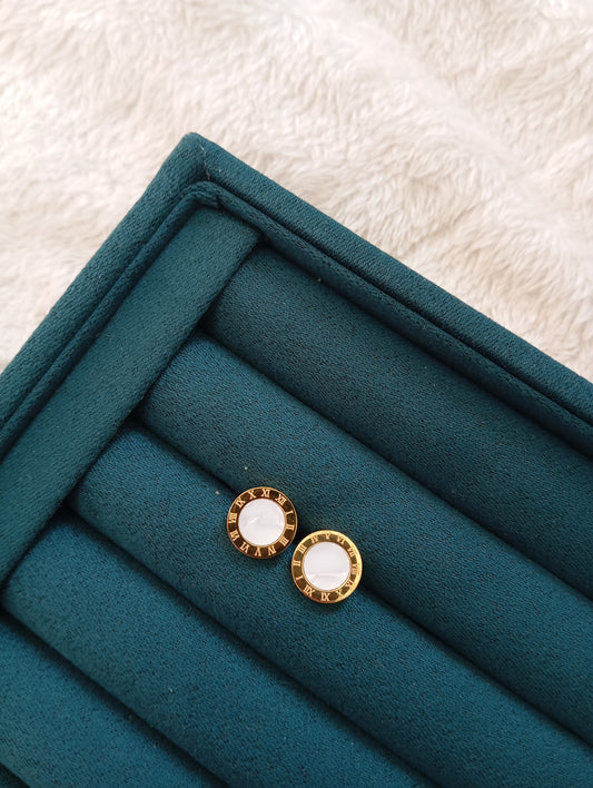 White Stone Roman Stud Earrings crafted from premium stainless steel with sparkling white stone details and a Roman-inspired design. Waterproof, tarnish-free stud earrings for women, perfect for daily wear, office wear, parties, weddings, gifting, and special occasions.
