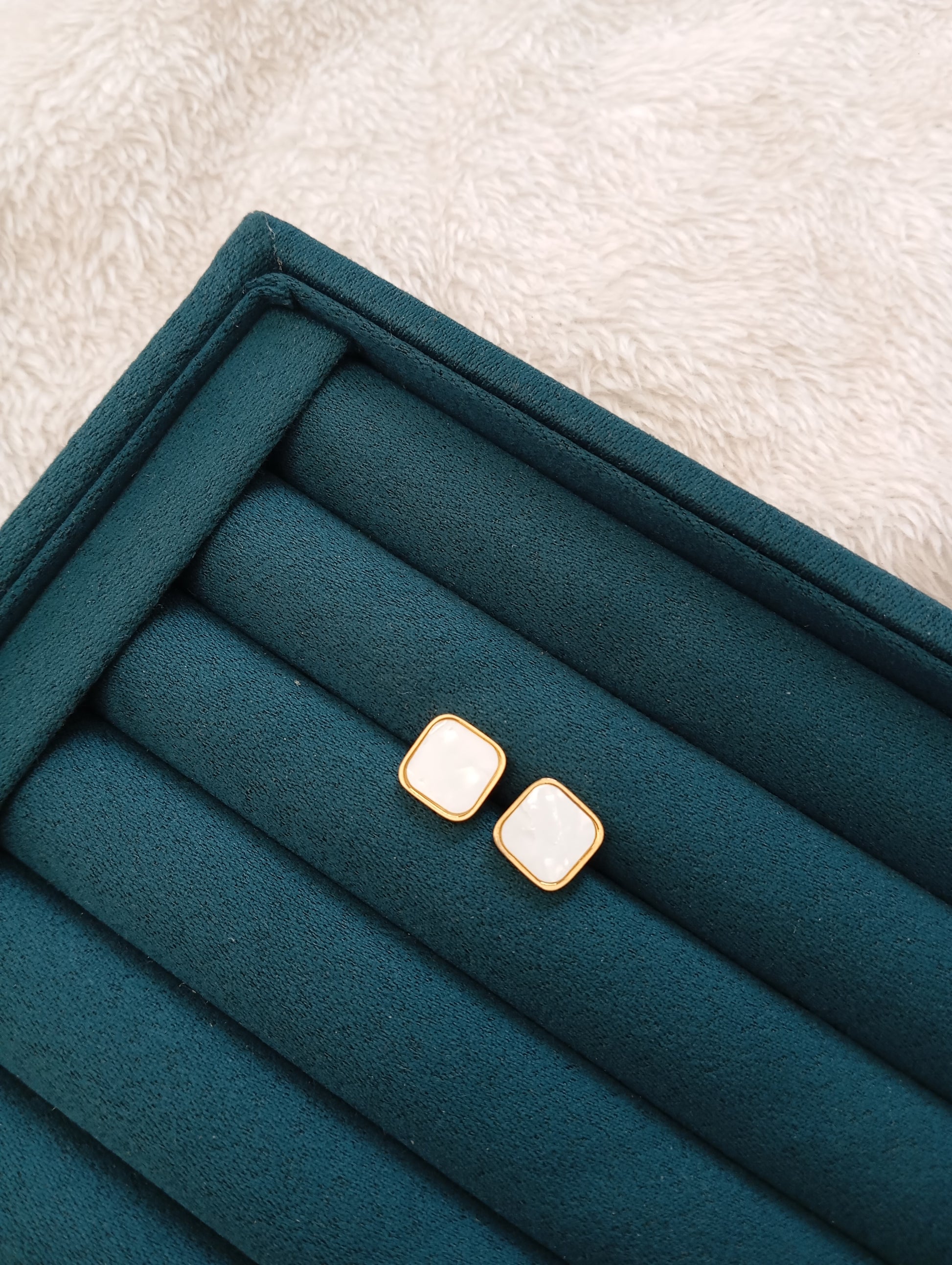 White Stone Square Stud Earrings crafted from premium stainless steel with sparkling white stone details and a modern square design. Waterproof, tarnish-free stud earrings for women, perfect for daily wear, office wear, parties, weddings, gifting, and special occasions.