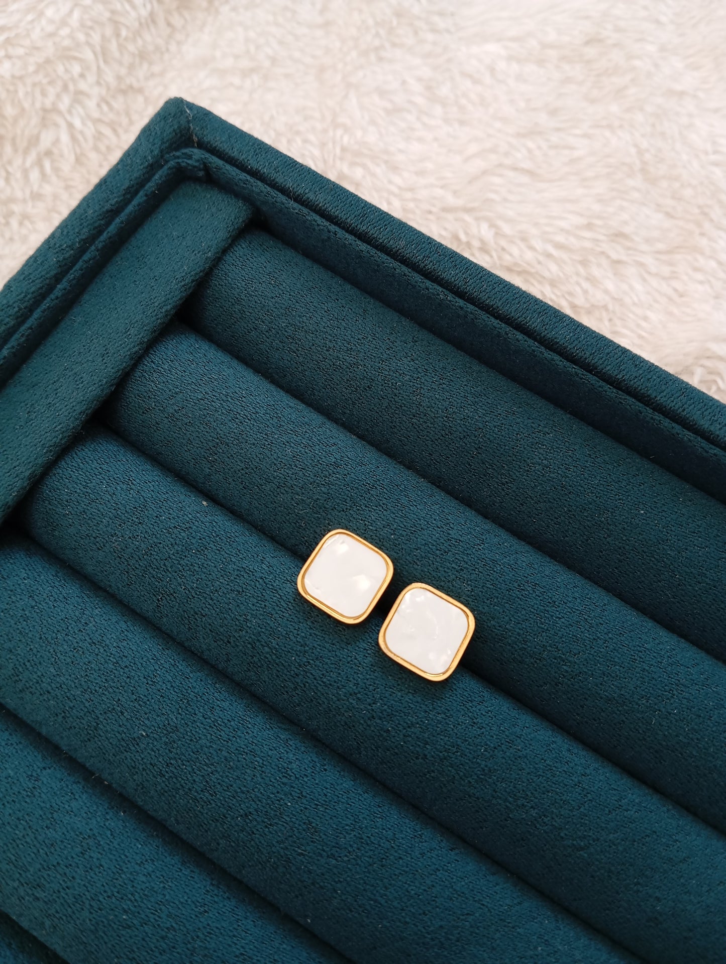 White Stone Square Stud Earrings crafted from premium stainless steel with sparkling white stone details and a modern square design. Waterproof, tarnish-free stud earrings for women, perfect for daily wear, office wear, parties, weddings, gifting, and special occasions.