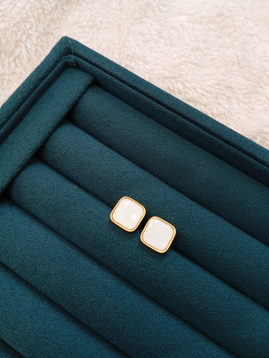 White Stone Square Stud Earrings crafted from premium stainless steel with sparkling white stone details and a modern square design. Waterproof, tarnish-free stud earrings for women, perfect for daily wear, office wear, parties, weddings, gifting, and special occasions.