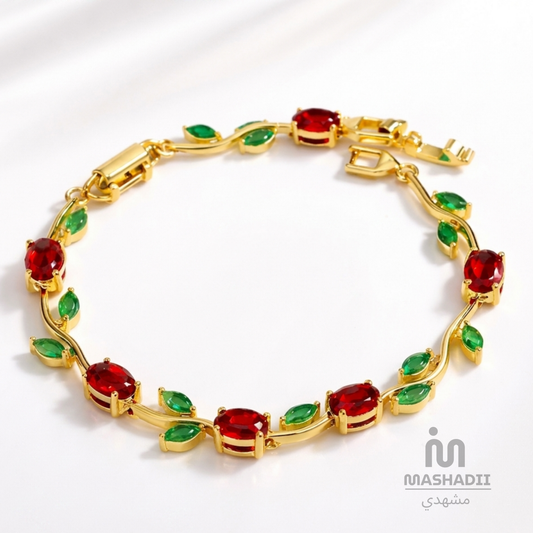 Red and Green Tulip Bracelet crafted from premium stainless steel with vibrant red and green crystal accents and an elegant tulip flower design. Waterproof, tarnish free bracelet for women with long-lasting shine and durability.