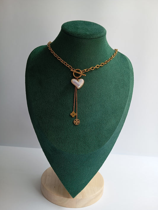 Gold White Heart Cross Broad Chain Necklace featuring a bold chain design with white heart and cross-inspired accents. Crafted from premium stainless steel, this waterproof and tarnish-free necklace is ideal for everyday wear, parties, weddings, gifting, and statement fashion styling.
