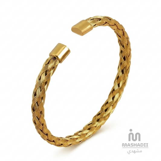 Braided Gold Handcuff Bracelet – Waterproof, Tarnish-Free Stainless Steel Bracelet with a Stylish Braided Gold Design and 1 Year Colour Guarantee