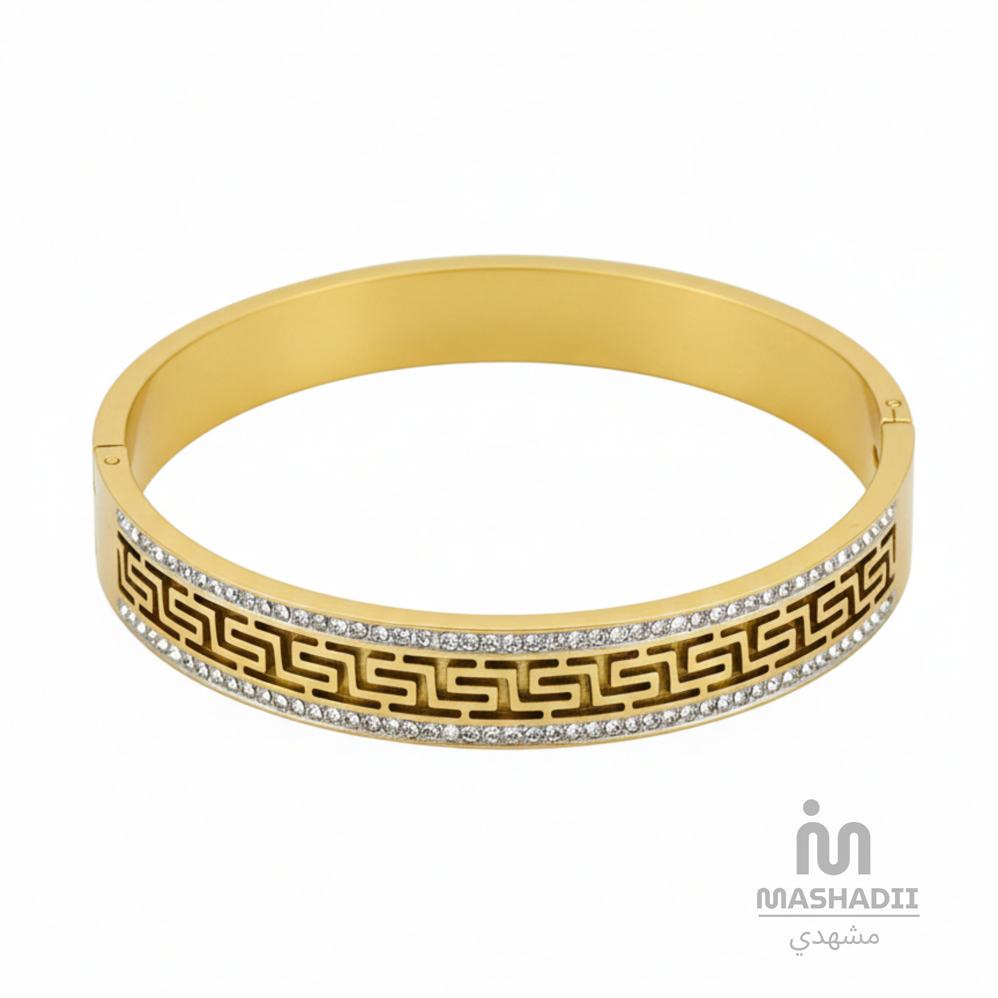 Greek Key Handcuff Bracelet – Waterproof, Tarnish-Free Stainless Steel Bracelet featuring a Classic Greek Key Pattern and 1 Year Colour Guarantee