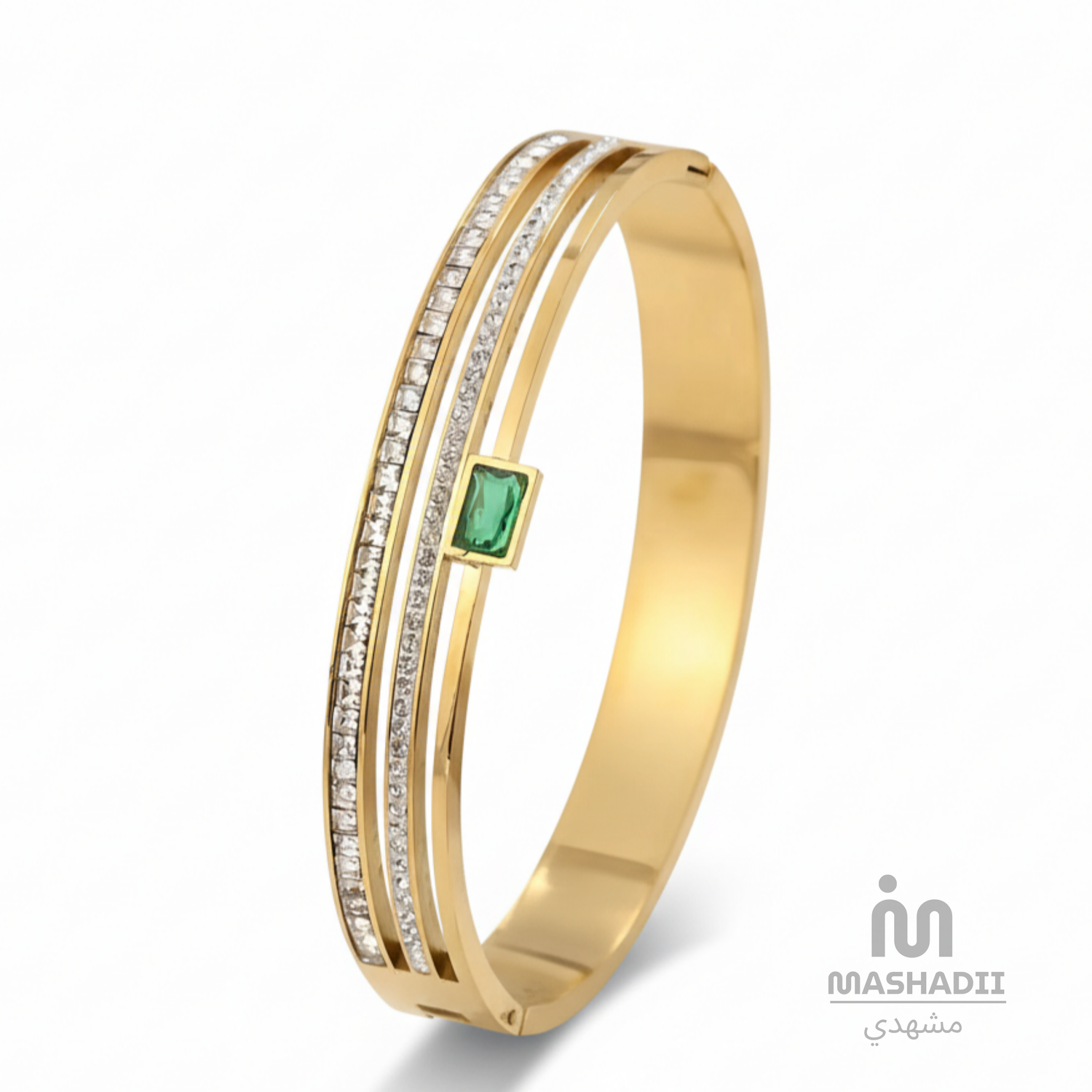 Luxe Green Rhinestone Handcuff Bracelet – Waterproof, Tarnish-Free Stainless Steel Bracelet featuring Elegant Green Rhinestones and a 1 Year Colour Guarantee