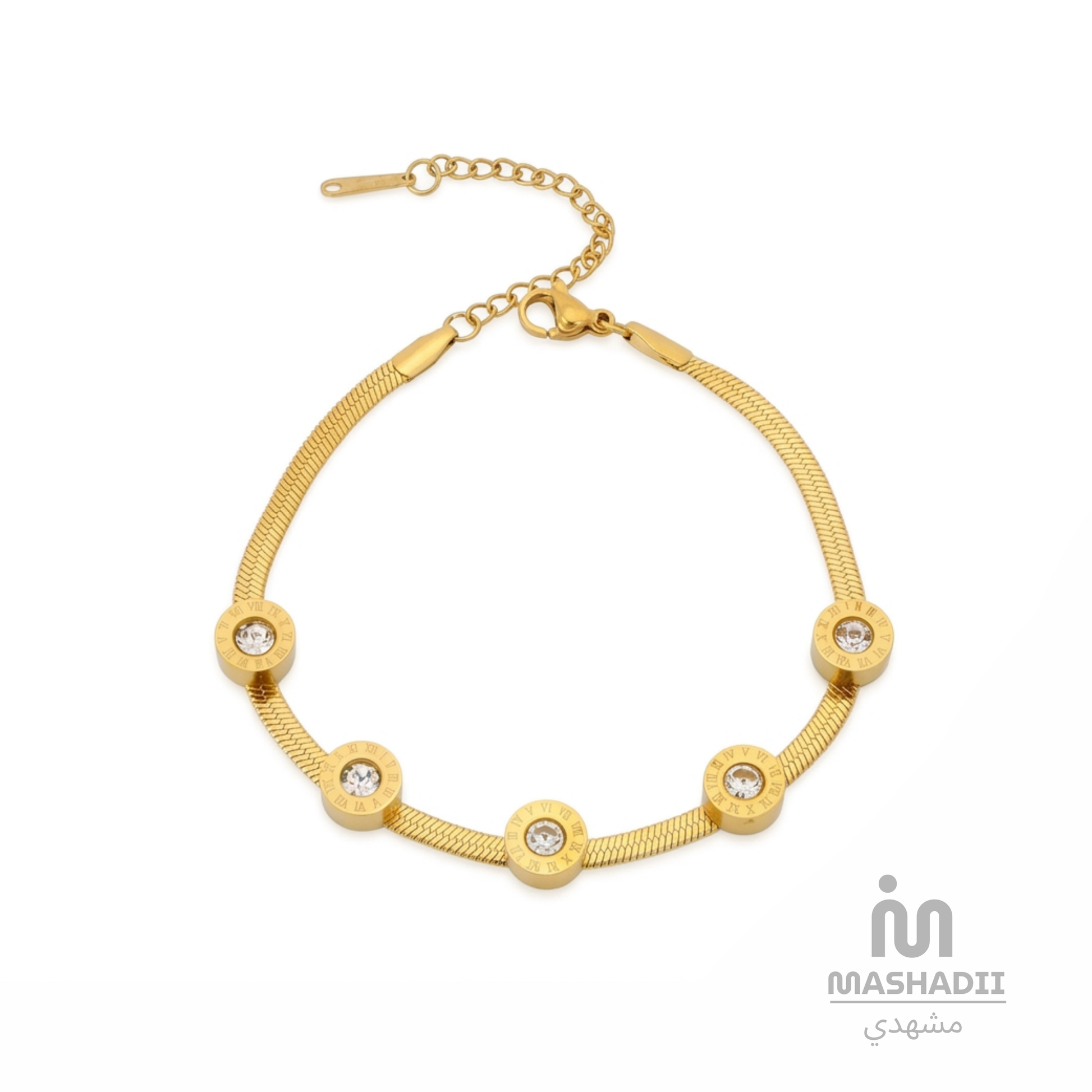 Roman Multi Stone Bracelet – Waterproof, Tarnish-Free Stainless Steel Bracelet featuring Roman Numeral Details, Multiple Sparkling Stones, and a 1 Year Colour Guarantee
