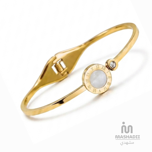 Roman White Stone Handcuff Bracelet – Waterproof, Tarnish-Free Stainless Steel Bracelet with Roman Numeral Detailing, White Stone Accents, and a 1 Year Colour Guarantee