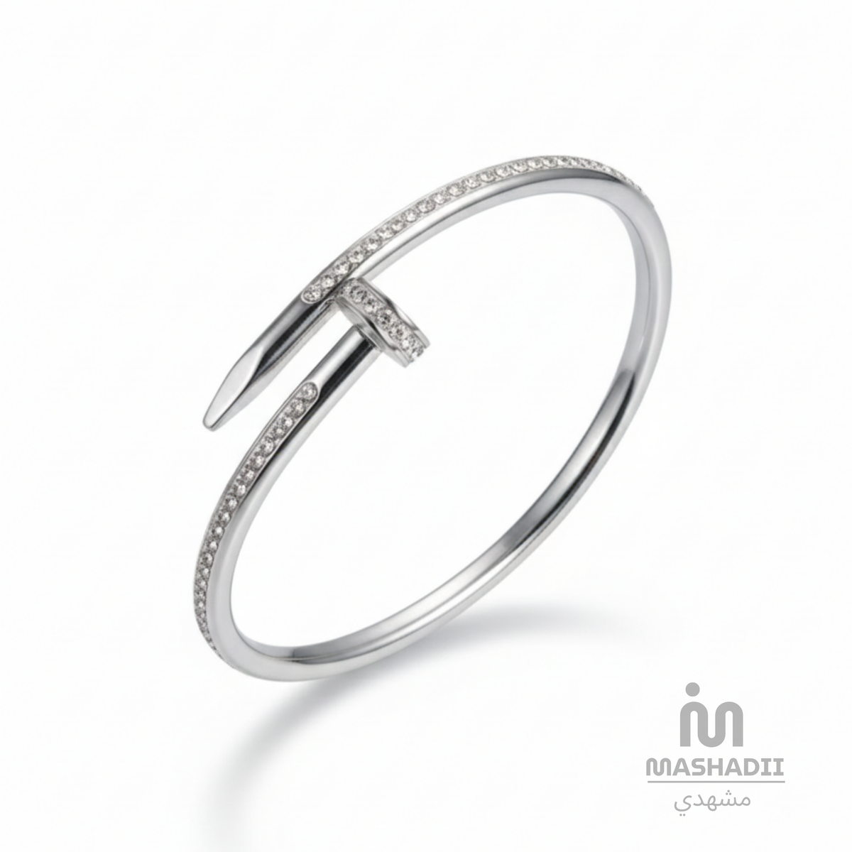 Stone Nail Silver Handcuff Bracelet – Waterproof, Tarnish-Free Stainless Steel Bracelet with Sparkling Stone Details, a Nail-Inspired Silver Design, and a 1 Year Colour Guarantee