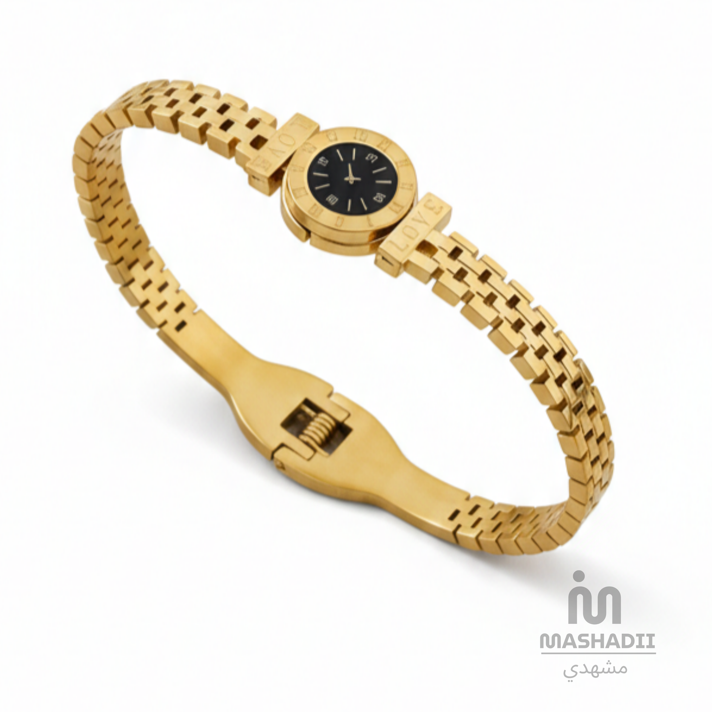 Watch-Style Golden Handcuff Bracelet – Waterproof, Tarnish-Free Stainless Steel Bracelet with a Luxury Watch-Inspired Design and 1 Year Colour Guarantee