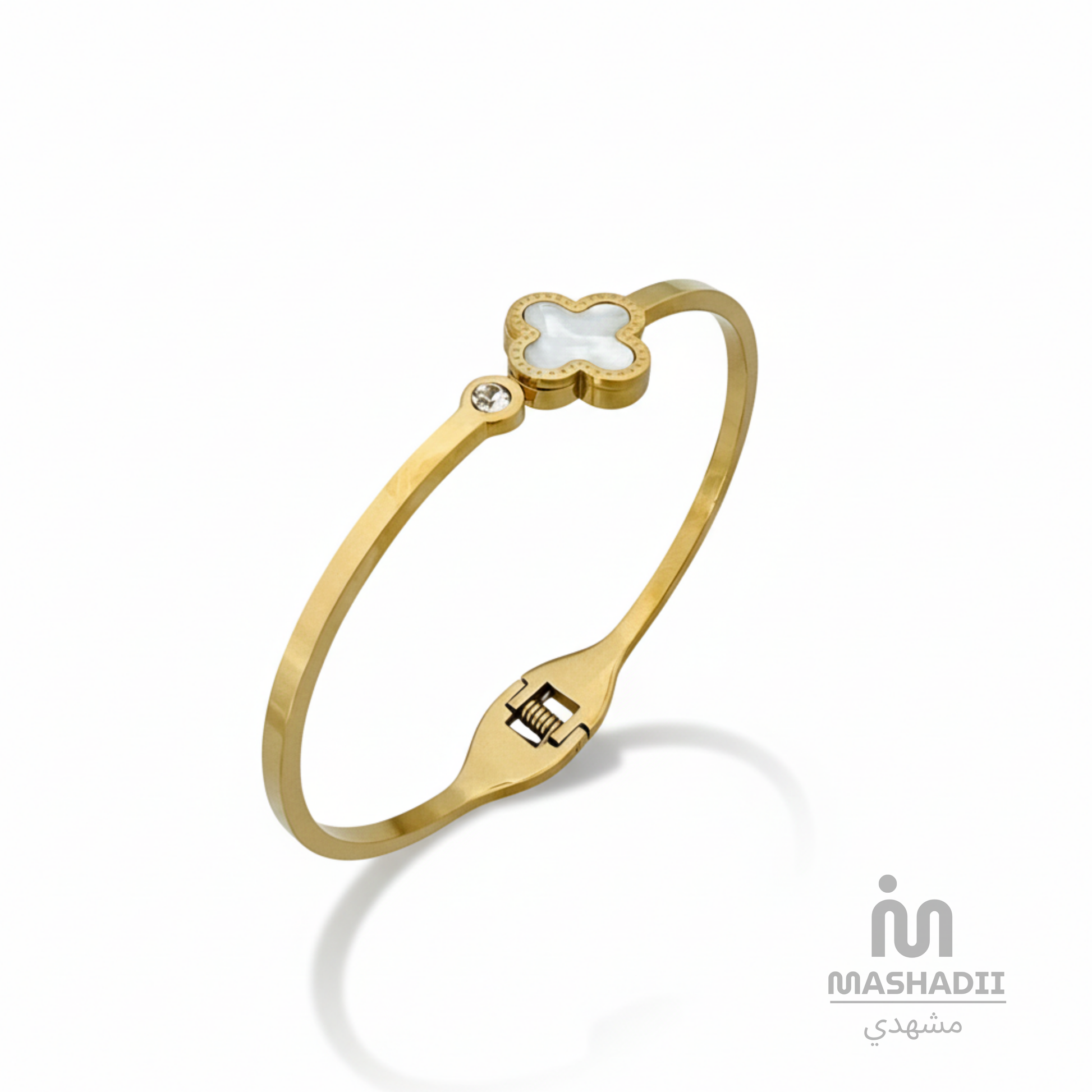 White Clover with Stone Handcuff Bracelet – Waterproof, Tarnish-Free Stainless Steel Bracelet featuring White Clover Motifs, Sparkling Stone Accents, and a 1 Year Colour Guarantee