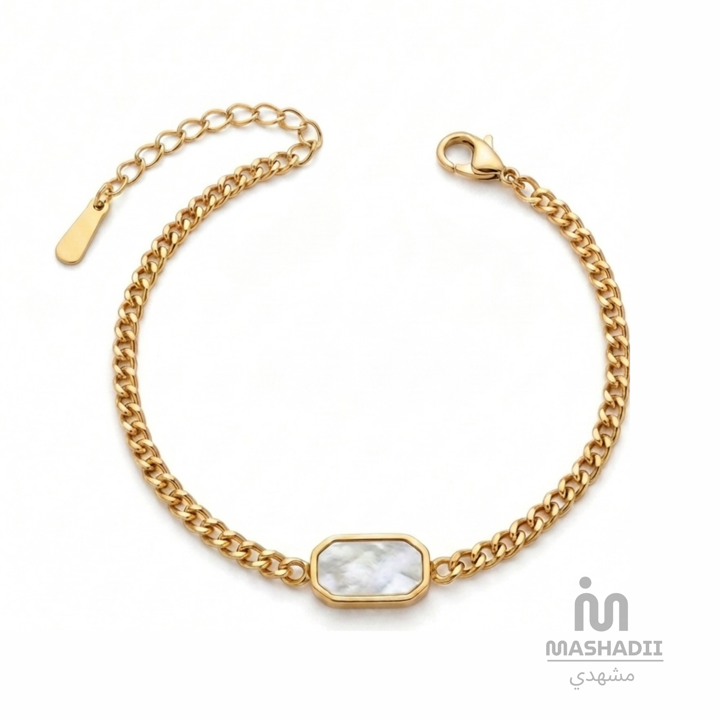 Rectangle White Stone Broad Chain Bracelet