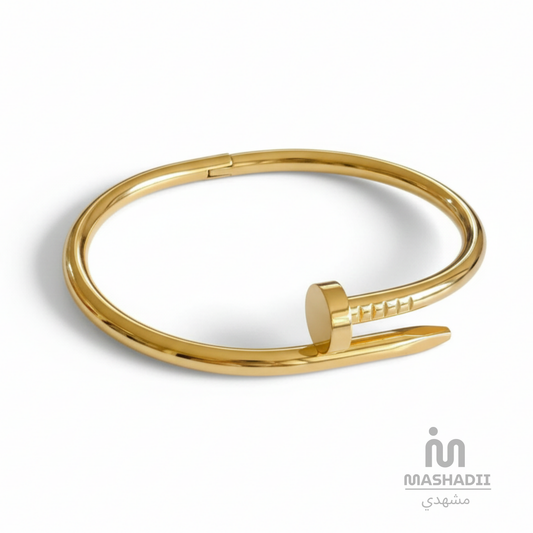 Basic Nail Golden Handcuff Bracelet – Waterproof, Tarnish-Free Stainless Steel Bracelet with a Minimalist Nail-Inspired Gold Design and 1 Year Colour Guarantee