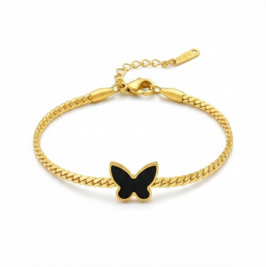 Black Stone Butterfly Bracelet – Waterproof, Tarnish-Free Stainless Steel Bracelet featuring a Butterfly Design, Black Stone Accents, and a 1 Year Colour Guarantee