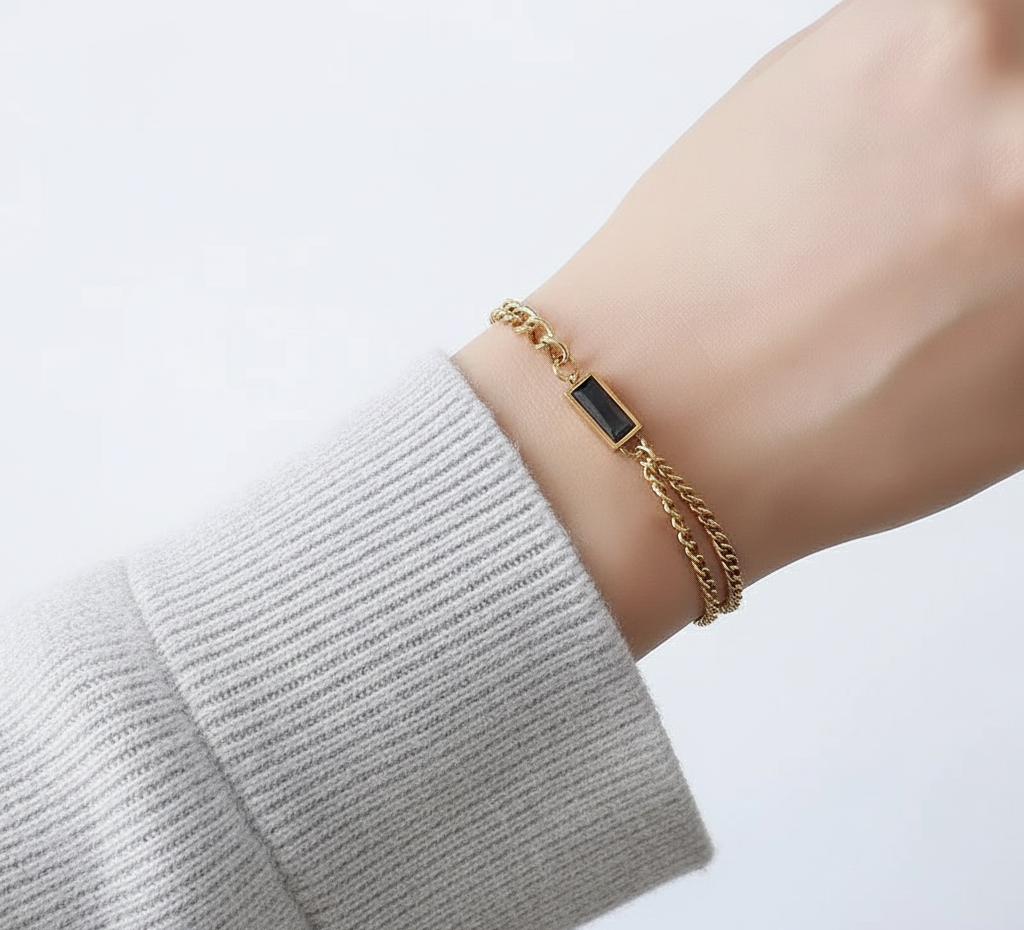 Black Stone Multi Chained Bracelet – Waterproof, Tarnish-Free Stainless Steel Bracelet featuring Black Stone Accents, Multiple Chain Layers, and a 1 Year Colour Guarantee