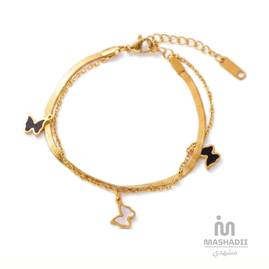 Double Layer Multi Butterfly Bracelet – Waterproof, Tarnish-Free Stainless Steel Bracelet featuring Multiple Butterfly Charms, a Double Layer Design, and a 1 Year Colour Guarantee