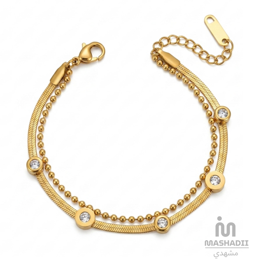 Double Layer Roman Multi Stone Bracelet – Waterproof, Tarnish-Free Stainless Steel Bracelet featuring Roman Numeral Details, Multiple Sparkling Stones, and a 1 Year Colour Guarantee