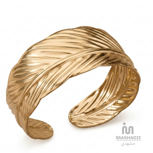 Golden Feather Handcuff Bracelet – Waterproof, Tarnish-Free Stainless Steel Bracelet with an Elegant Feather-Inspired Design and 1 Year Colour Guarantee