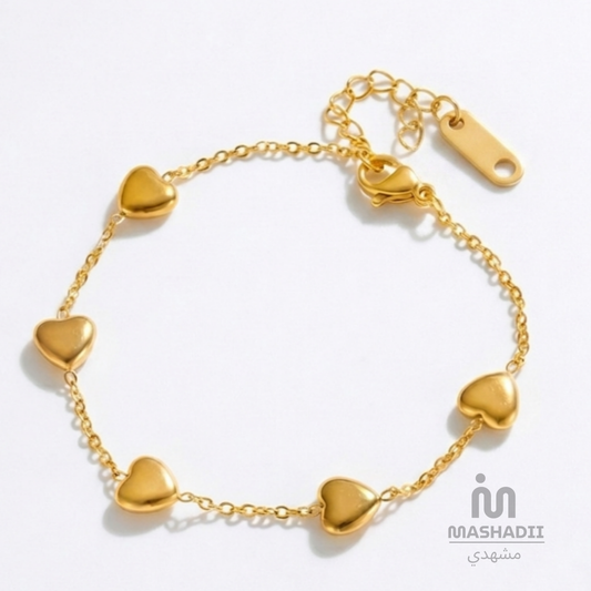 Multi Heart Charm Bracelet – Waterproof, Tarnish-Free Stainless Steel Bracelet featuring Multiple Heart Charms and a 1 Year Colour Guarantee