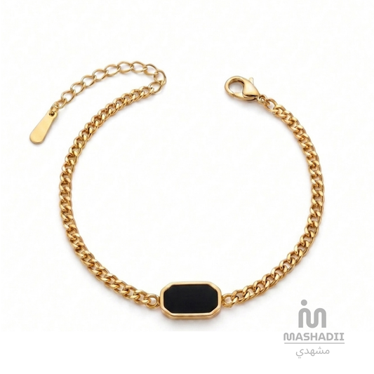 Rectangle Black Stone Broad Chain Bracelet – Waterproof, Tarnish-Free Stainless Steel Bracelet featuring a Rectangle Black Stone Centerpiece, Broad Chain Design, and a 1 Year Colour Guarantee