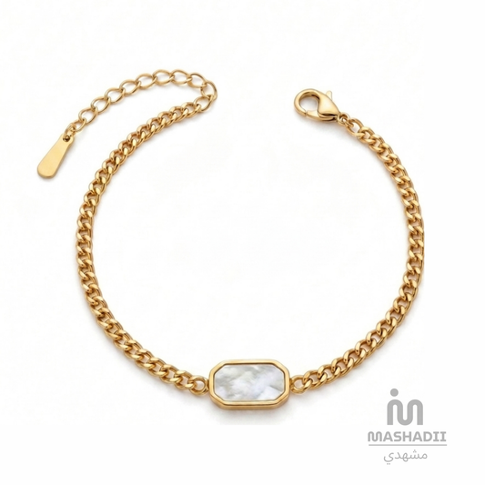 Rectangle White Stone Broad Chain Bracelet – Waterproof, Tarnish-Free Stainless Steel Bracelet featuring a Rectangle White Stone Centerpiece, Broad Chain Design, and a 1 Year Colour Guarantee
