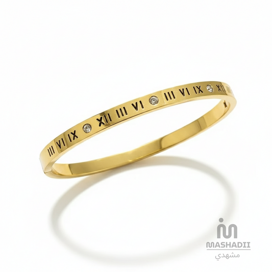 Roman with Stones Handcuff Bracelet – Waterproof, Tarnish-Free Stainless Steel Bracelet featuring Roman Numeral Detailing, Sparkling Stones, and a 1 Year Colour Guarantee
