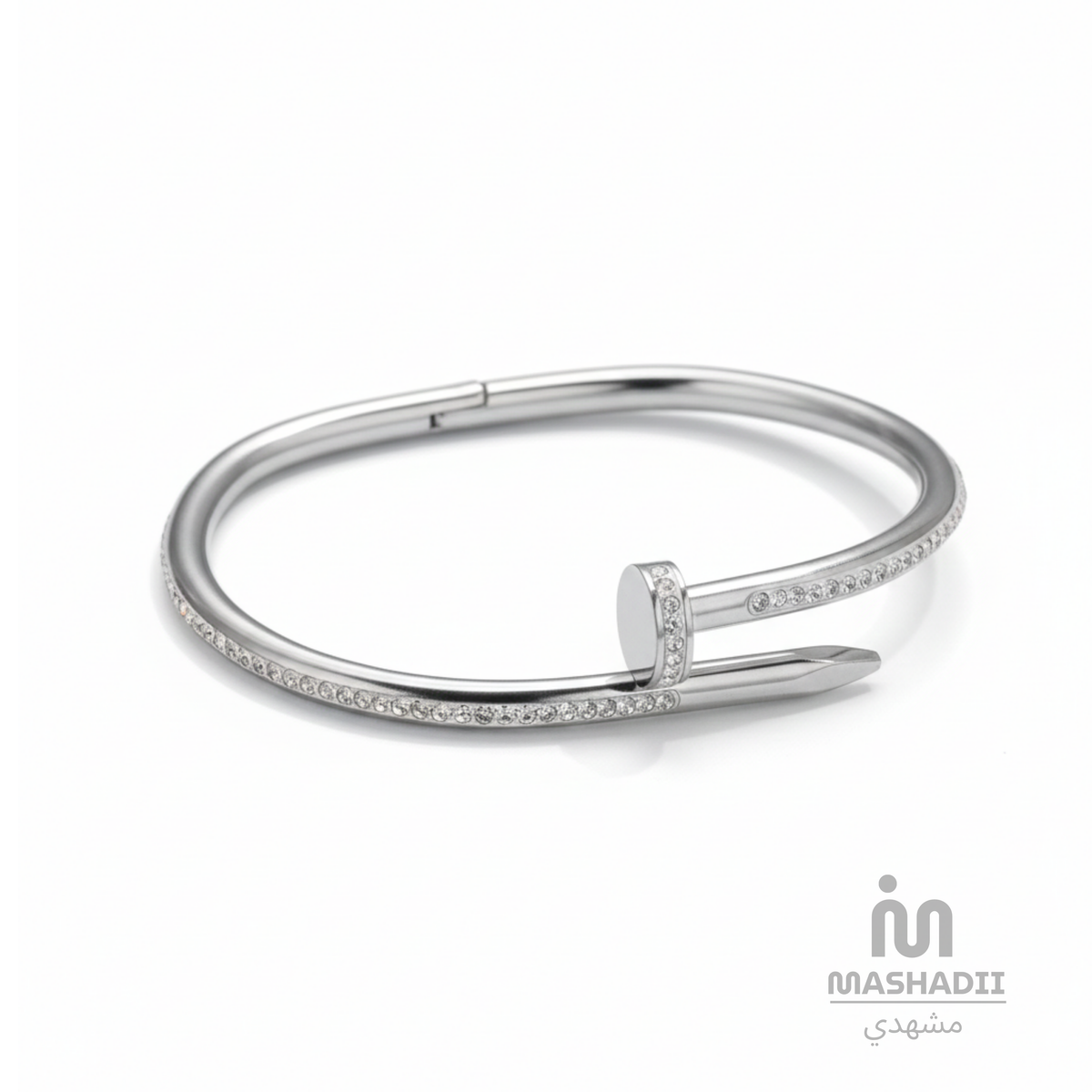 Stone Nail Silver Handcuff Bracelet – Waterproof, Tarnish-Free Stainless Steel Bracelet with Sparkling Stone Details, a Nail-Inspired Silver Design, and a 1 Year Colour Guarantee